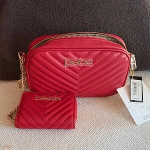 bebe Quilted Red Crossbody Bag with Matching Wallet